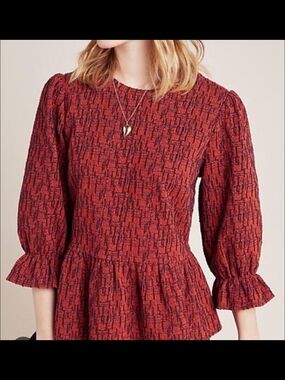 RO&DE Anthropologie Red Textured Peplum Blouse with Black Speckle